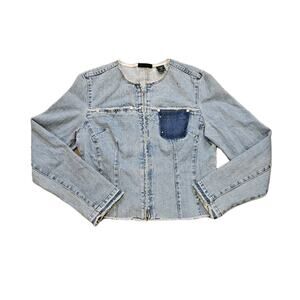 Vtg Express Denim Jacket Womens L Raw Hem Rhinestones 90s Festival Scene Grunge